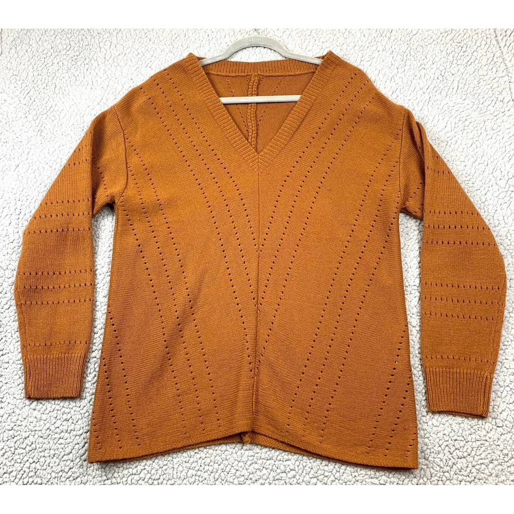 Women's XL Mustard‎ V-Neck Pointelle Knit Sweater Acrylic Long Sleeve Tunic